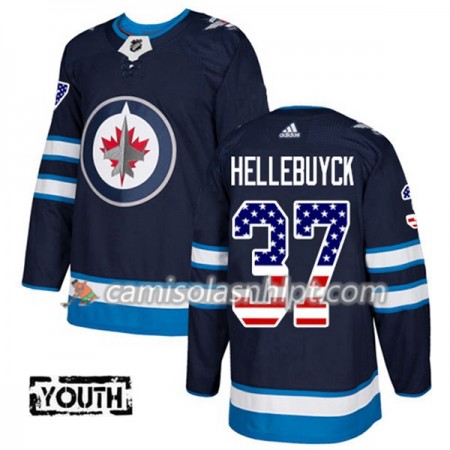 Camisola Winnipeg Jets Connor Hellebuyck 37 Adidas 2017-2018 Navy Azul USA Flag Fashion Authentic - Criança